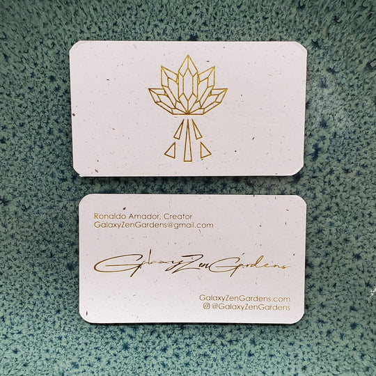 Hemp paper business card with gold foil printed for Galaxy Zen Gardens by Hemp Press