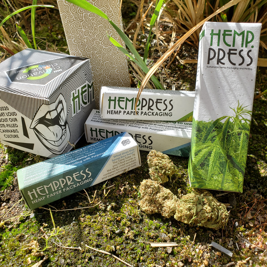 Outdoor photo with hemp paper packaging samples from Hemp Press.